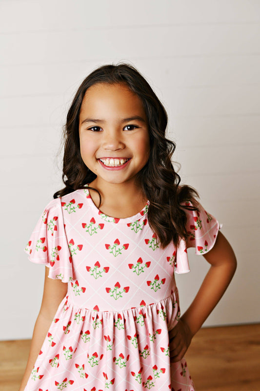 Strawberry Flutter Sleeve Dress