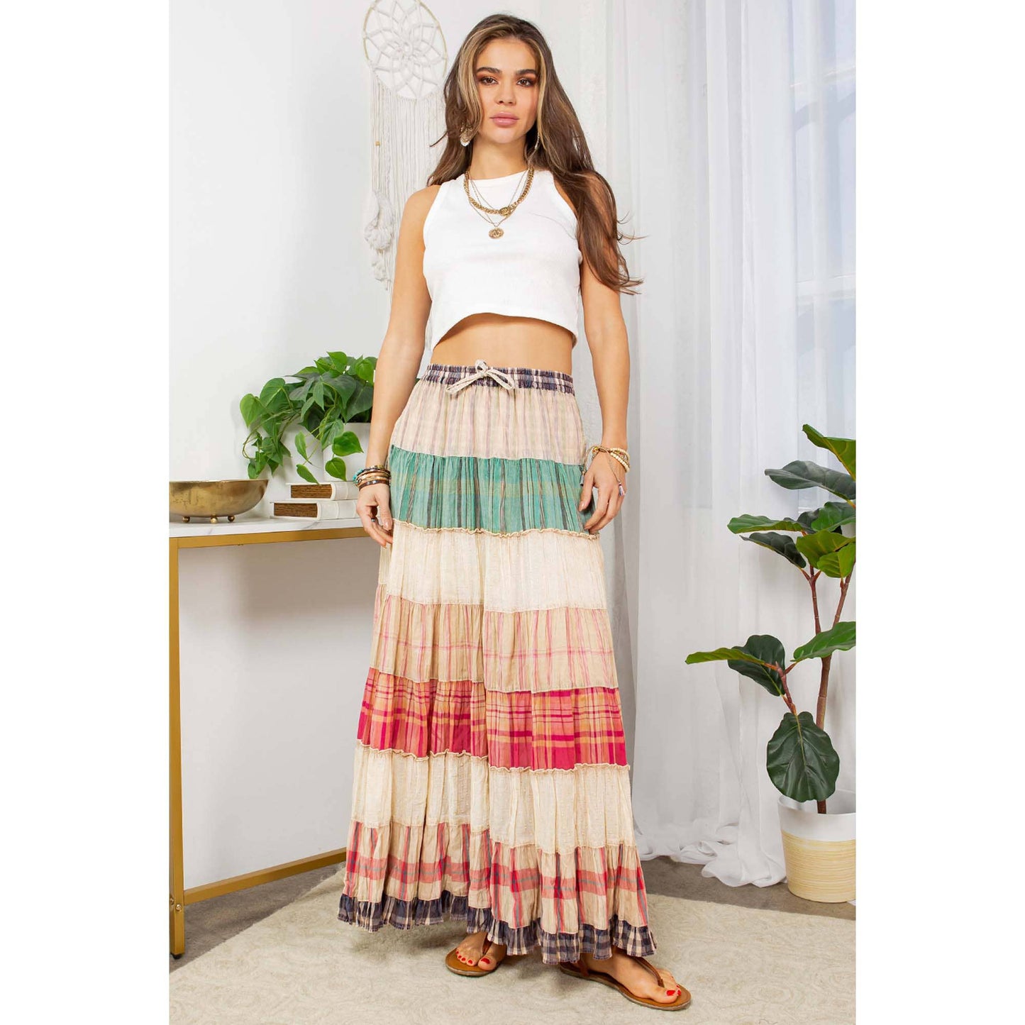 Crinkled Tiered Skirt-Mixed Colors