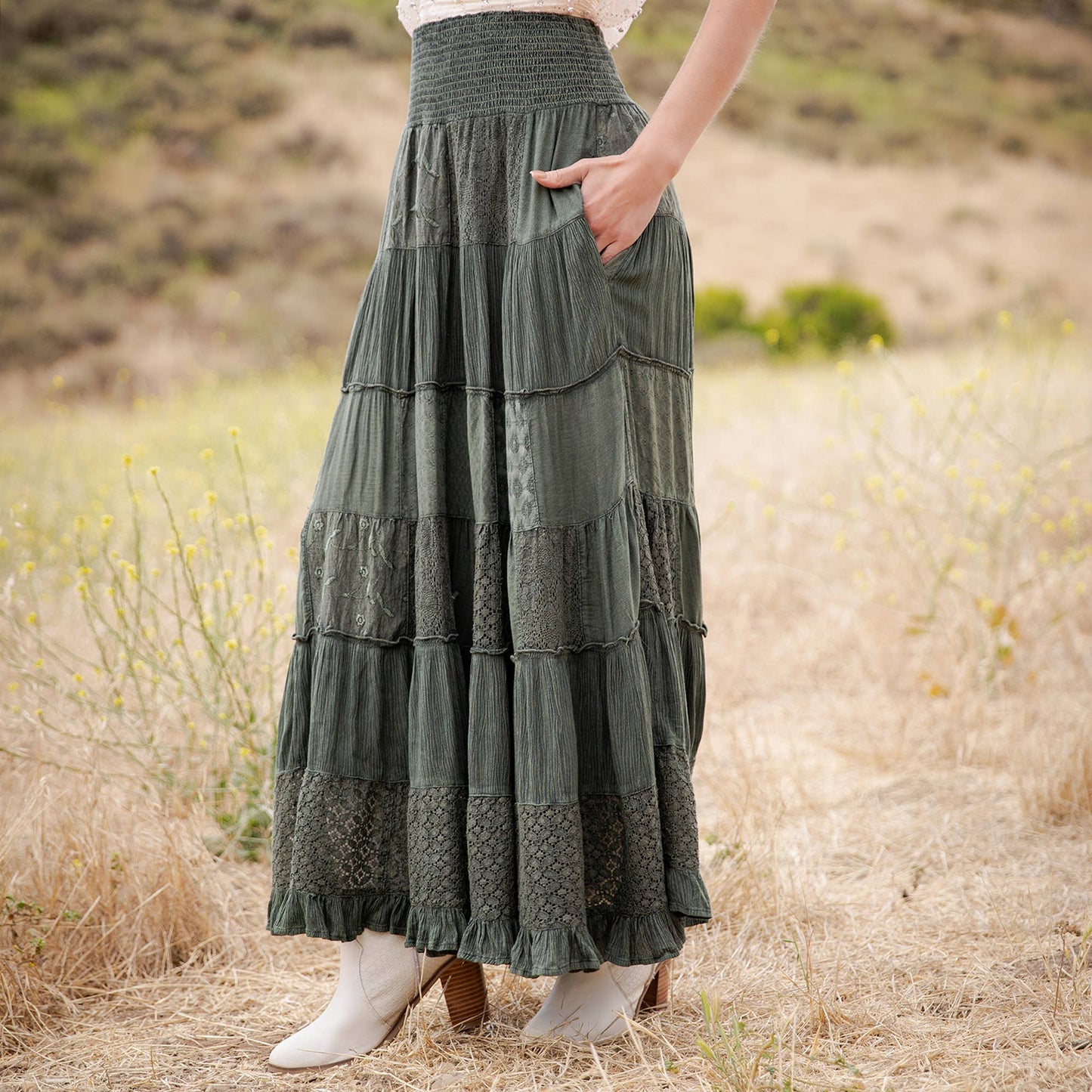 Tiered Lace Tiered Maxi Skirt-Basil