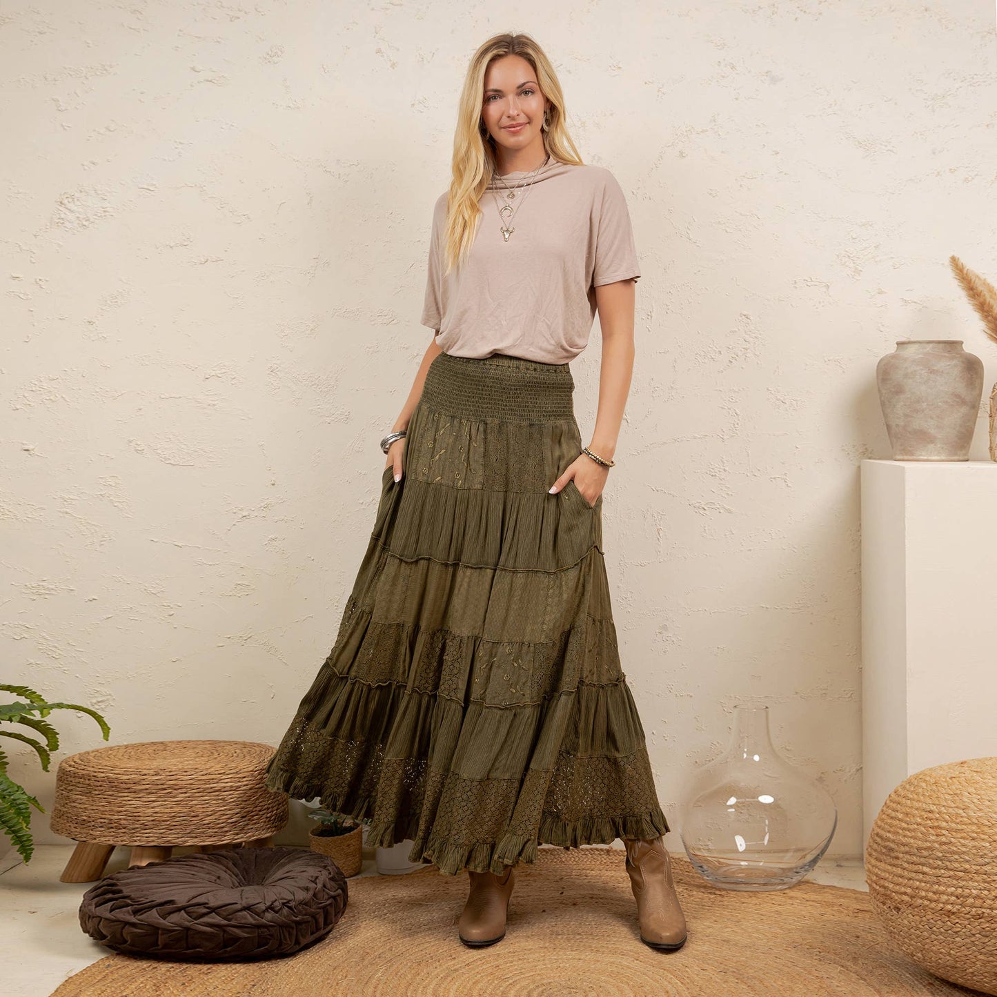 Tiered Lace Tiered Maxi Skirt-Basil