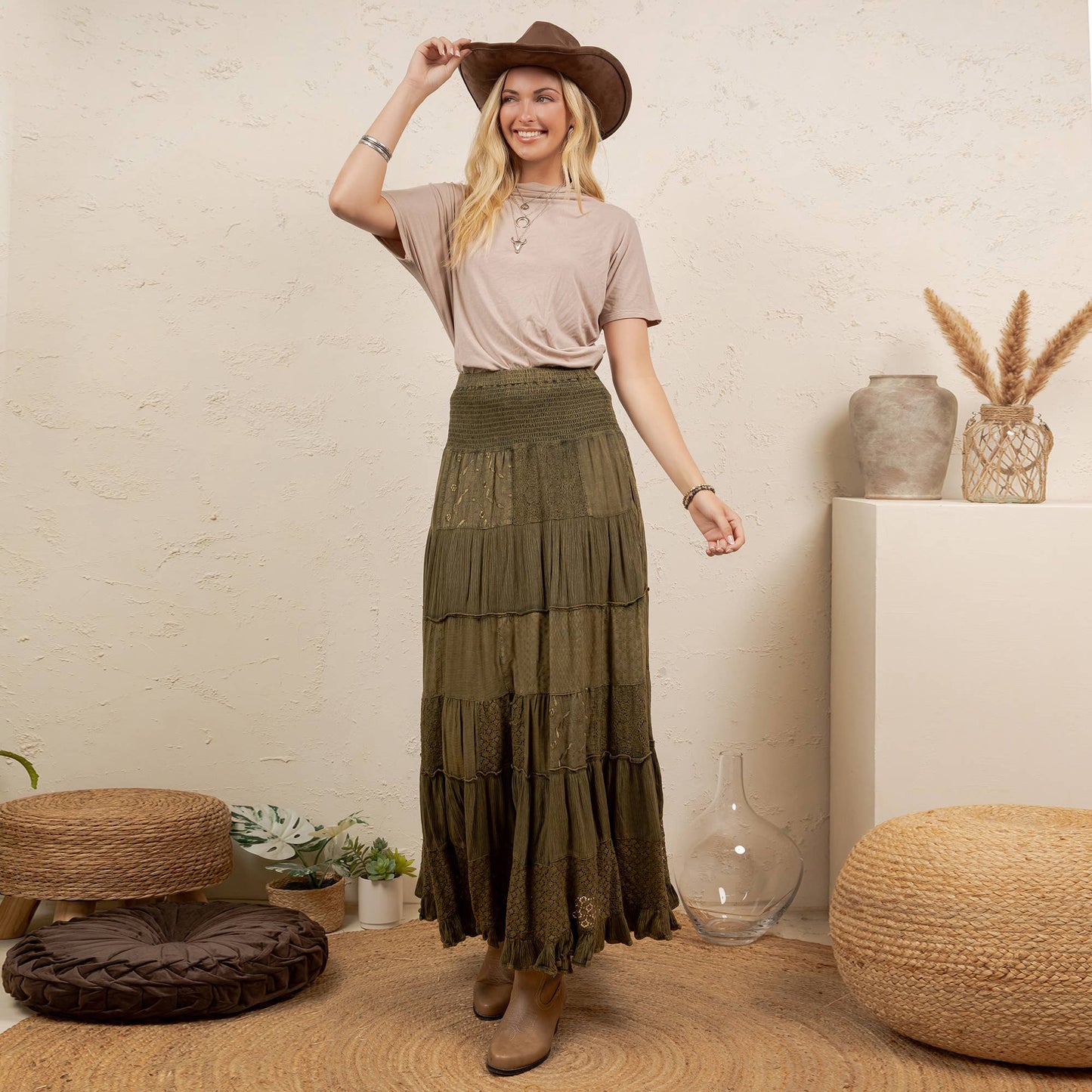 Tiered Lace Tiered Maxi Skirt-Basil