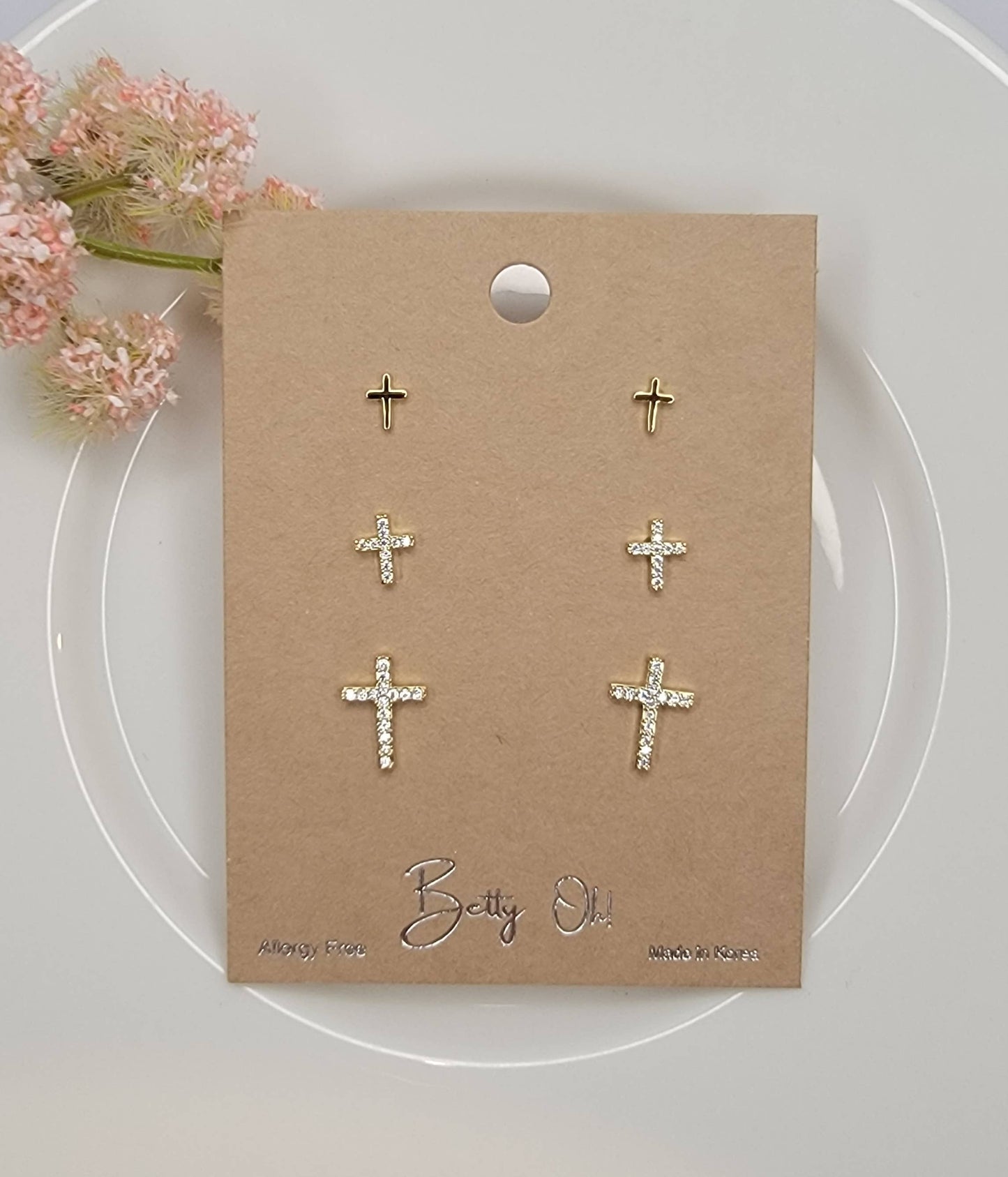 BETTYOH INC - MINI CROSS THREE PAIR SET POST EARRINGS.