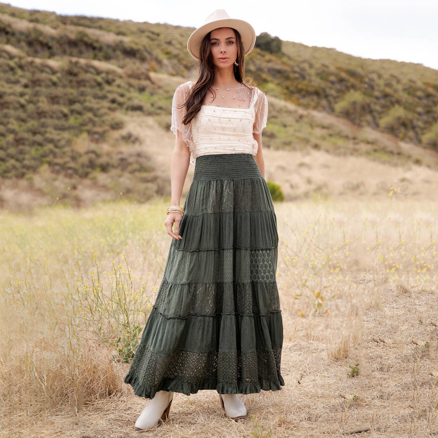 Tiered Lace Tiered Maxi Skirt-Basil