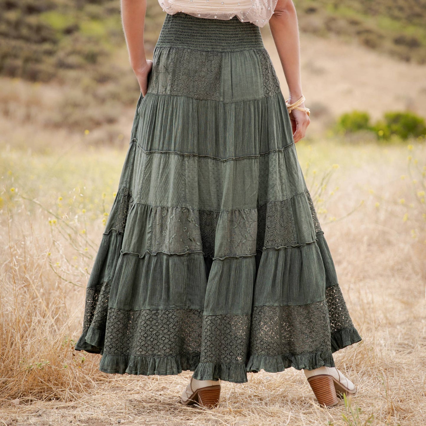Tiered Lace Tiered Maxi Skirt-Basil