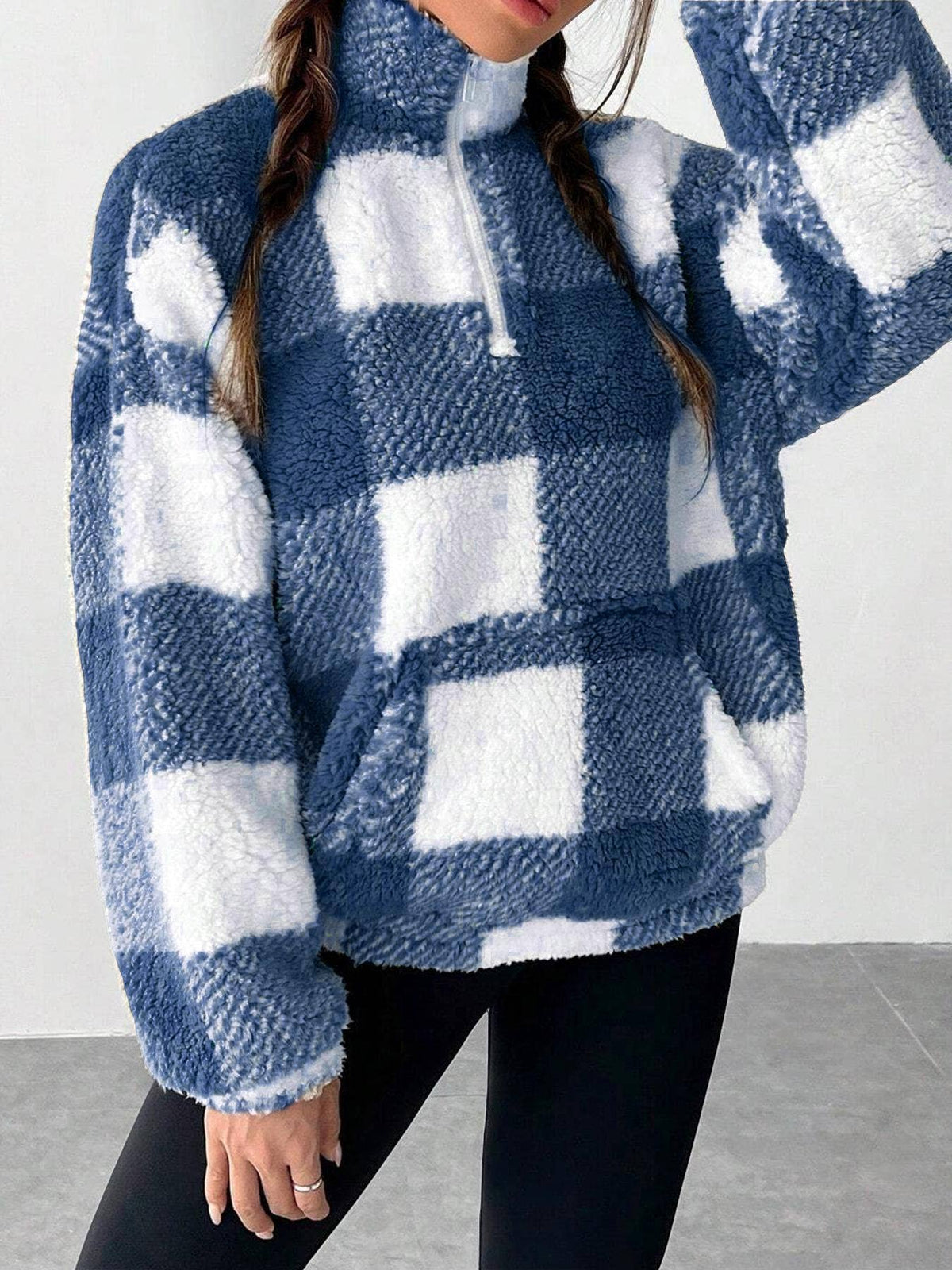 HIDDENBRAND - Pocket zip pullover plaid teddy sweatshirt