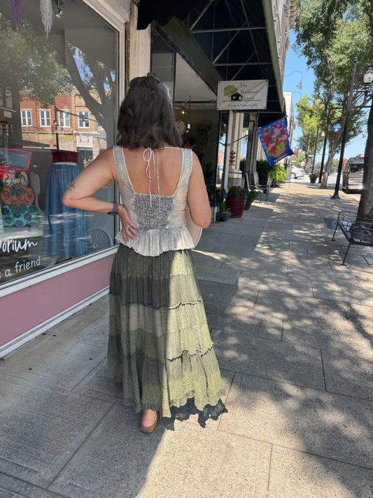 Tiered Lace Tiered Maxi Skirt-Basil