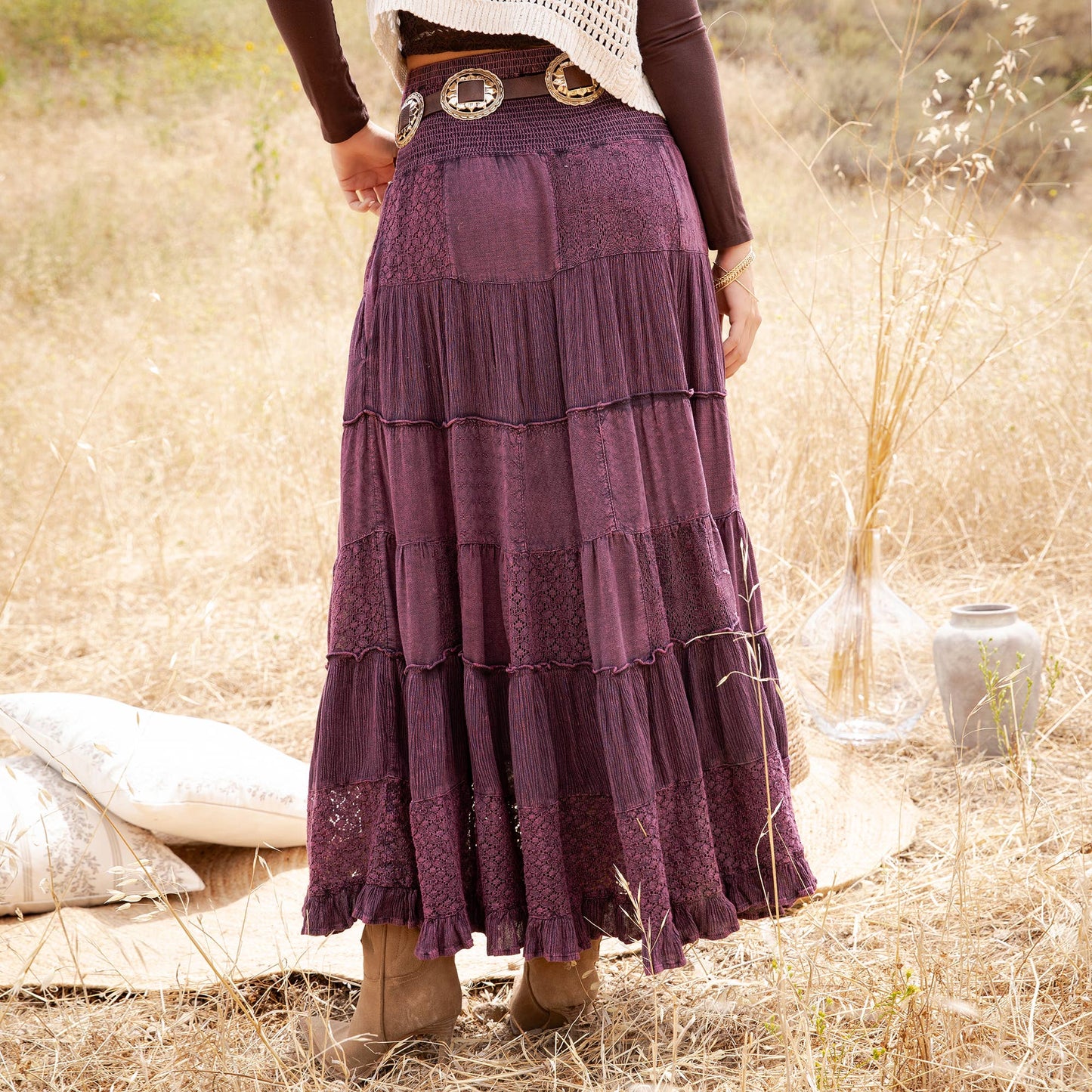 Tiered Lace Tiered Maxi Skirt-Basil