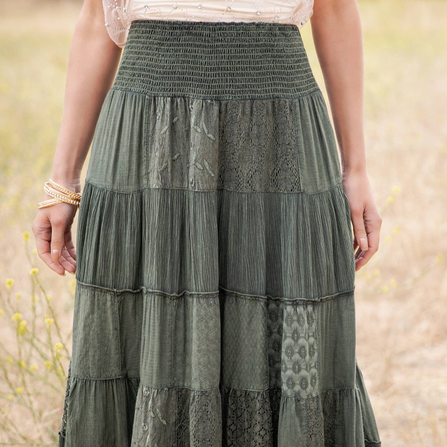 Tiered Lace Tiered Maxi Skirt-Basil