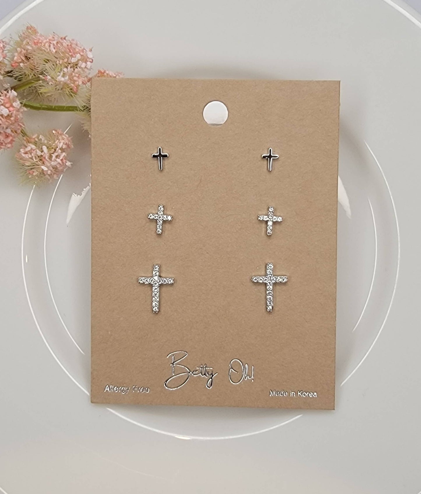 BETTYOH INC - MINI CROSS THREE PAIR SET POST EARRINGS.