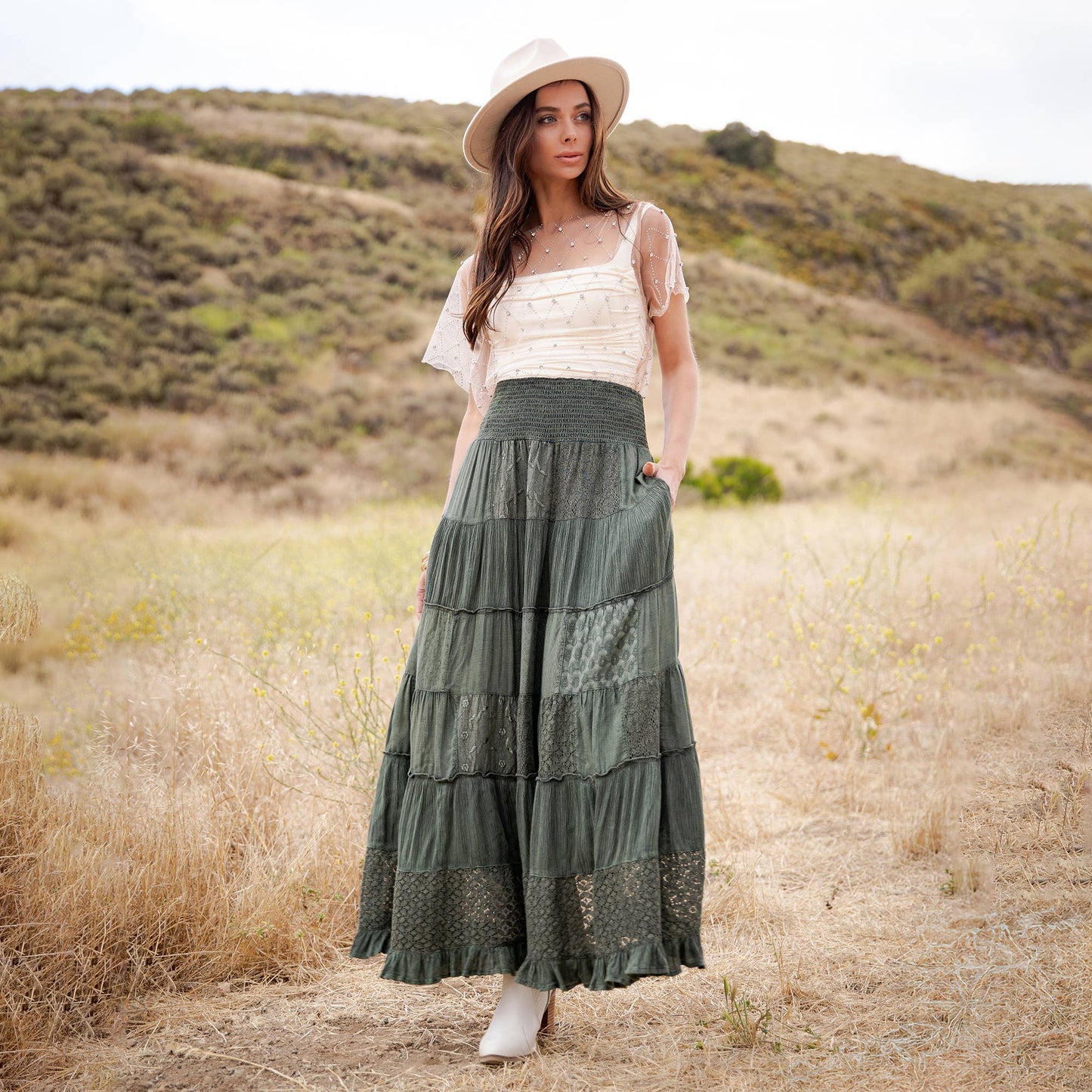 Tiered Lace Tiered Maxi Skirt-Basil