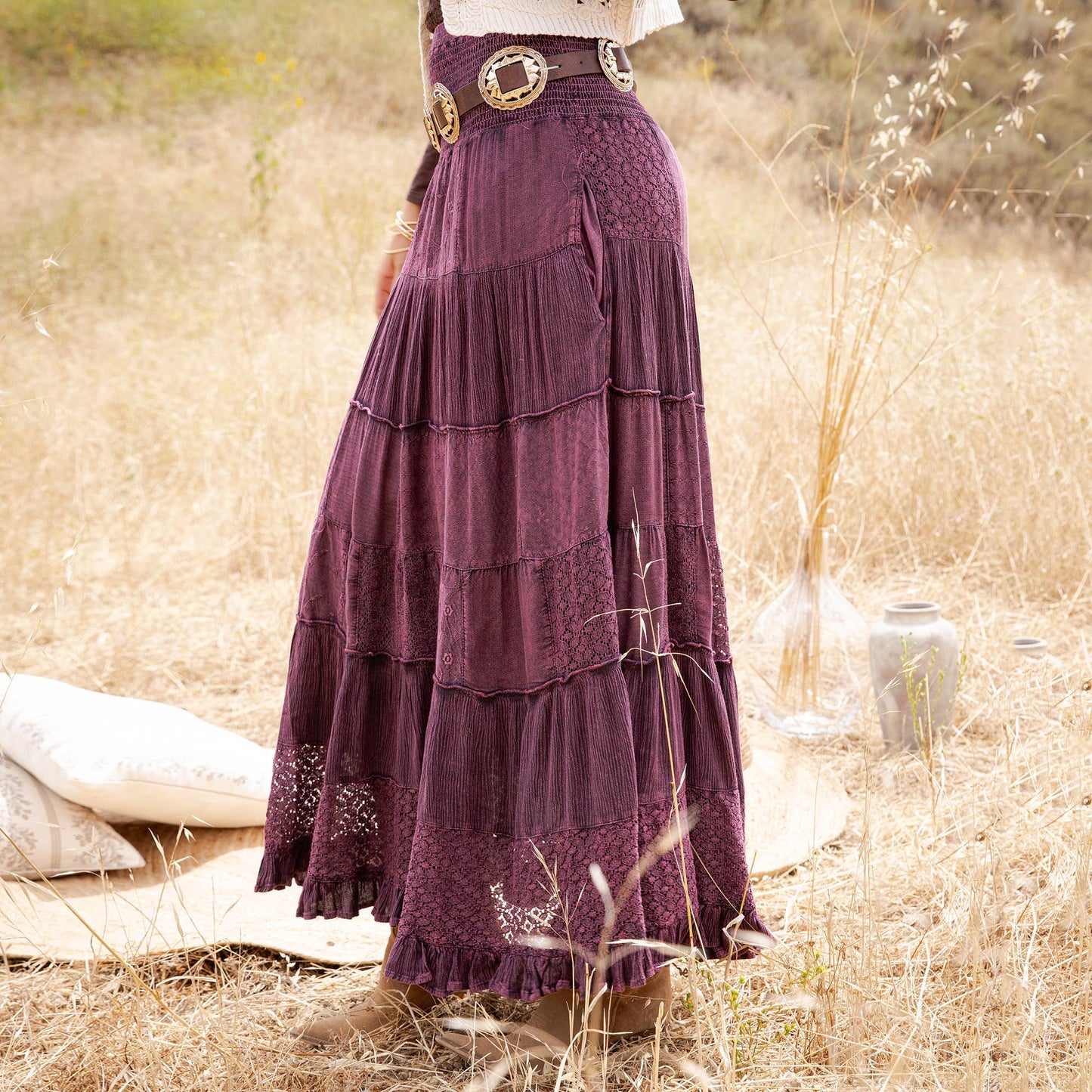 Tiered Lace Tiered Maxi Skirt-Basil
