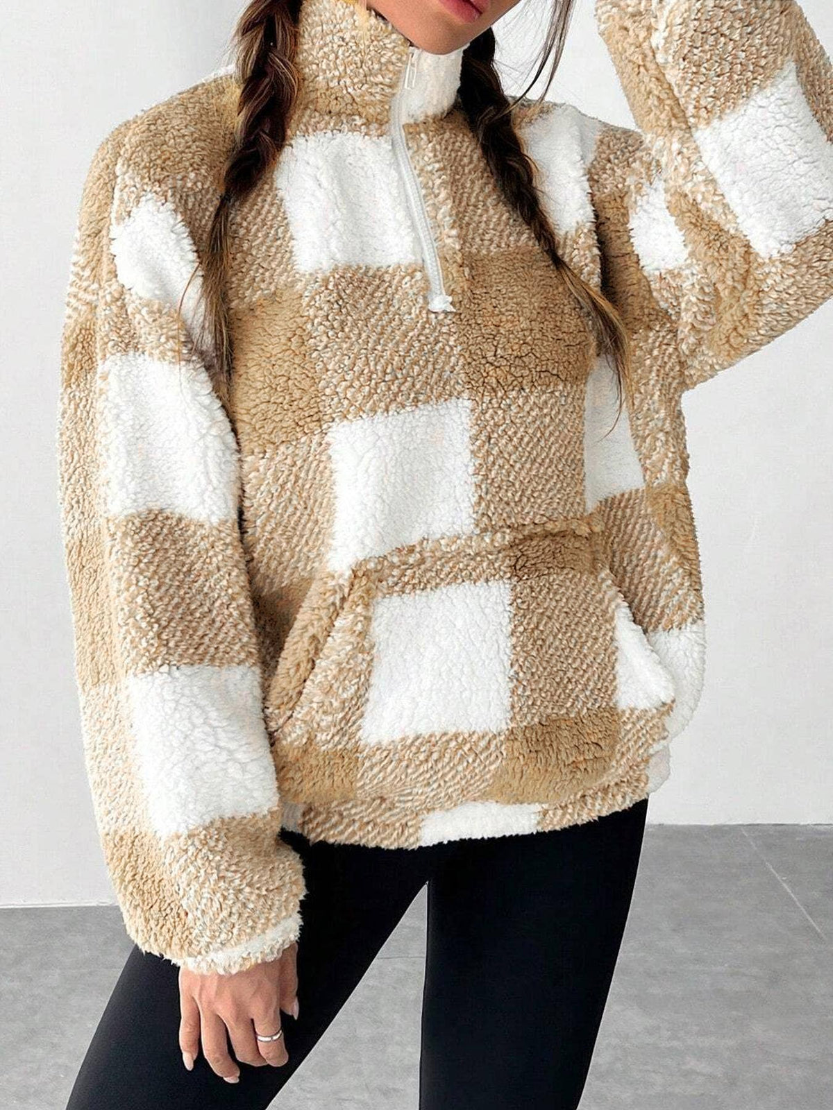 HIDDENBRAND - Pocket zip pullover plaid teddy sweatshirt