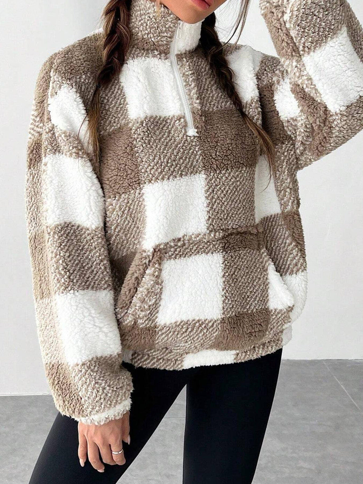 HIDDENBRAND - Pocket zip pullover plaid teddy sweatshirt