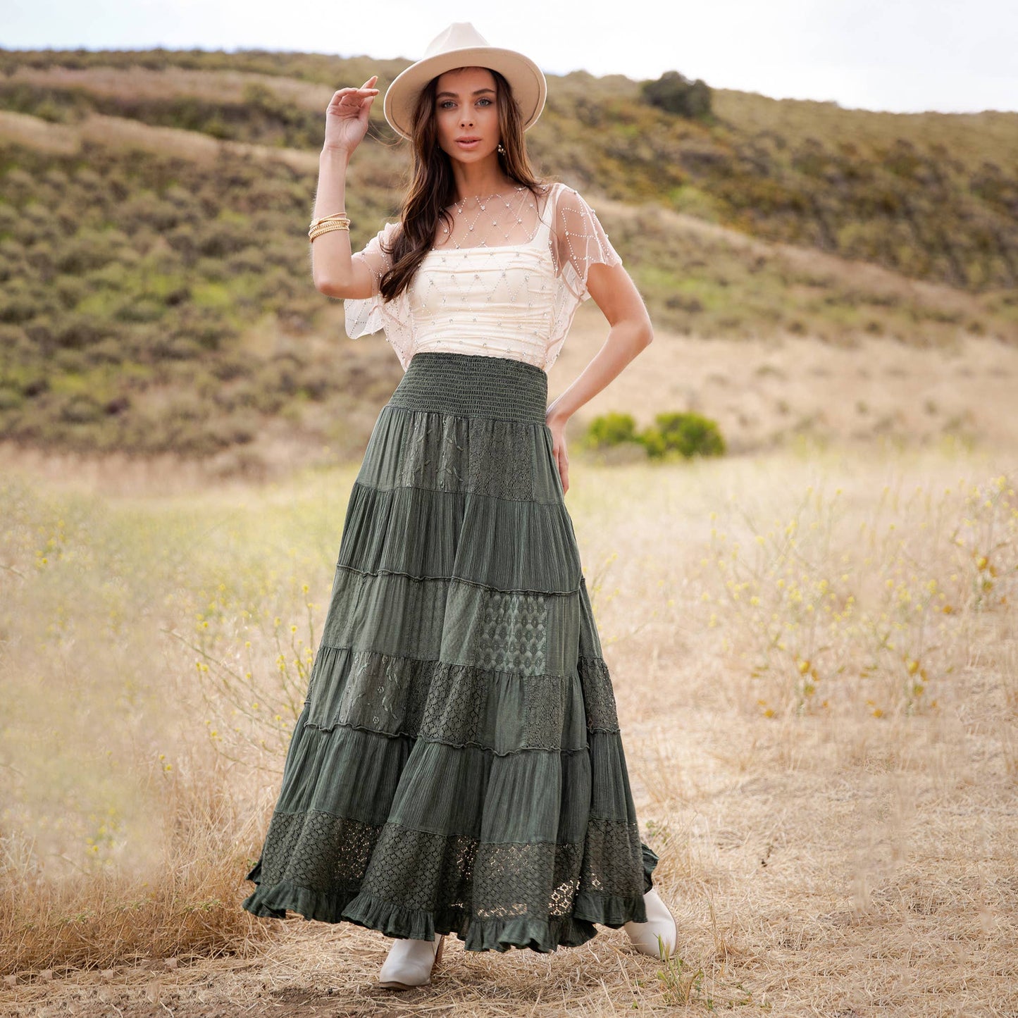 Tiered Lace Tiered Maxi Skirt-Basil