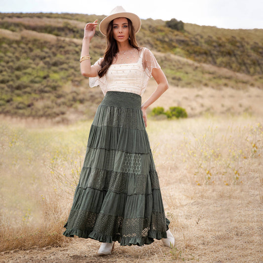 Tiered Lace Tiered Maxi Skirt-Basil