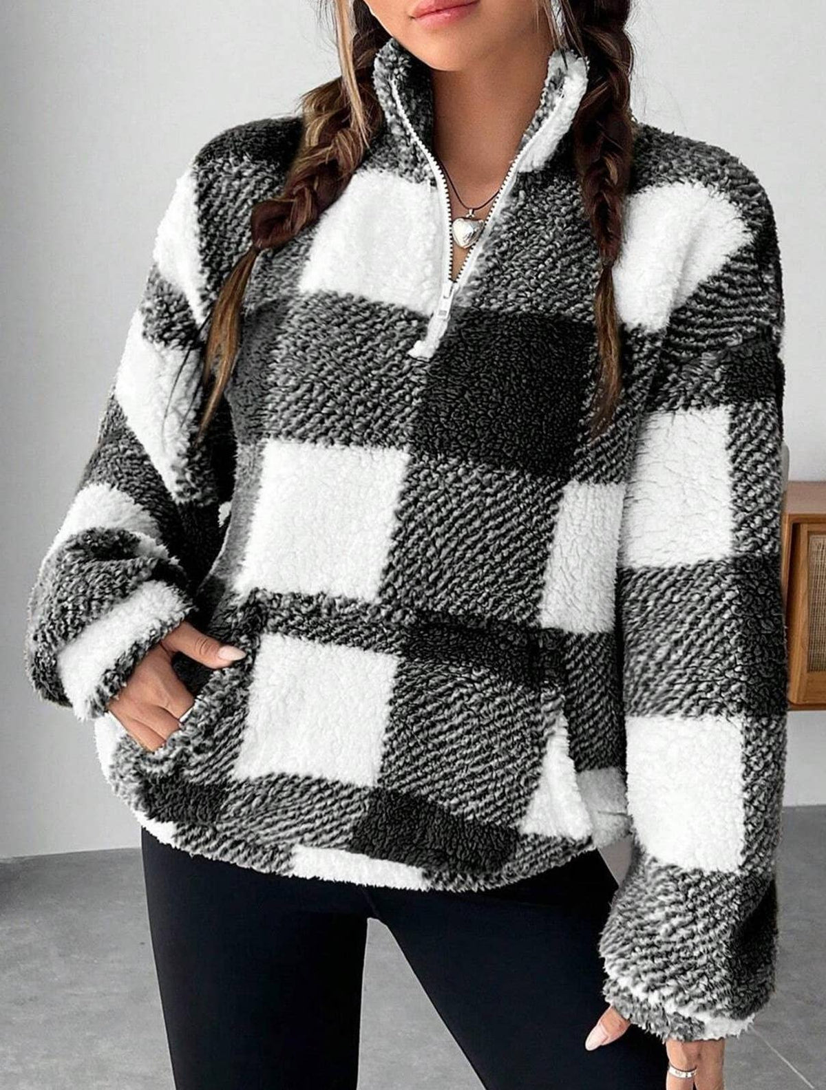 HIDDENBRAND - Pocket zip pullover plaid teddy sweatshirt