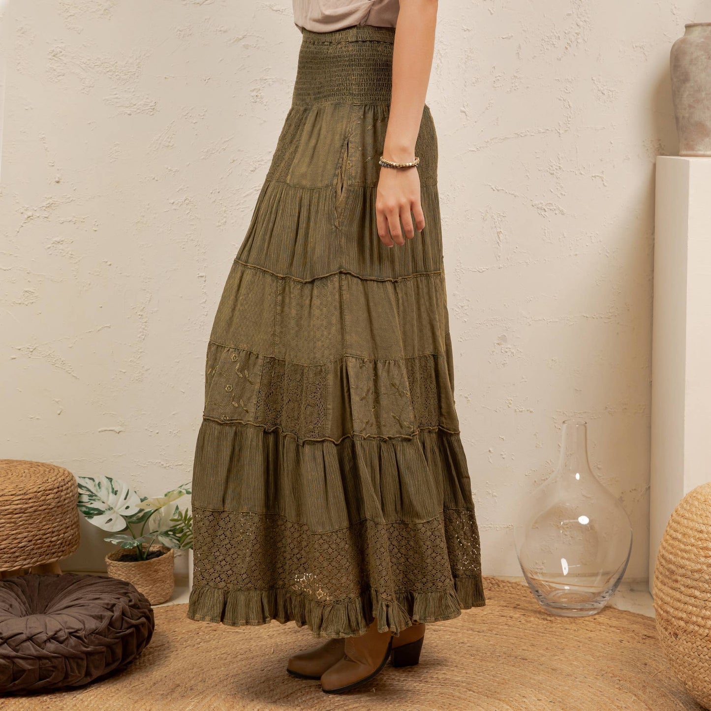 Tiered Lace Tiered Maxi Skirt-Basil