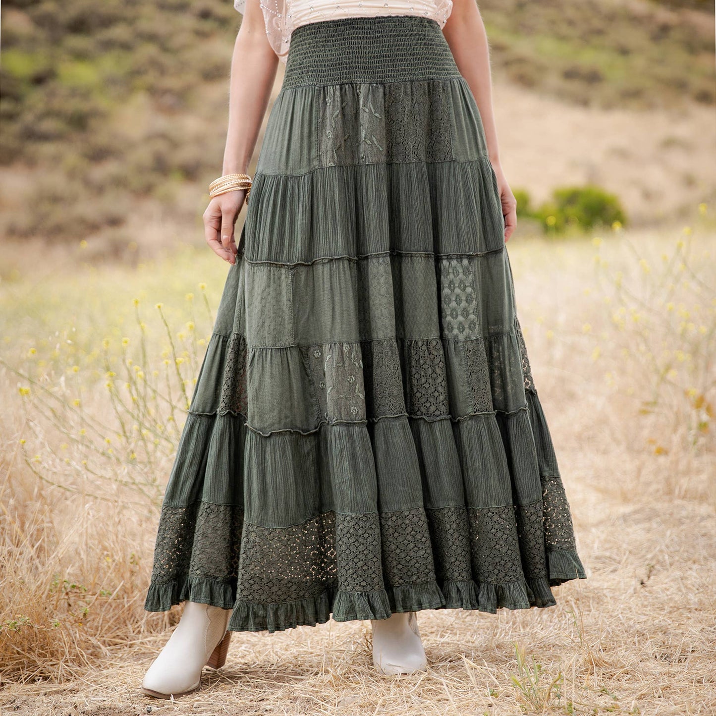 Tiered Lace Tiered Maxi Skirt-Basil
