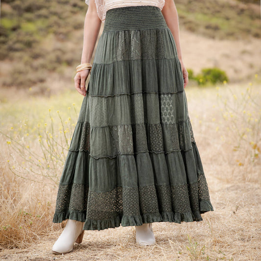 Tiered Lace Tiered Maxi Skirt-Basil