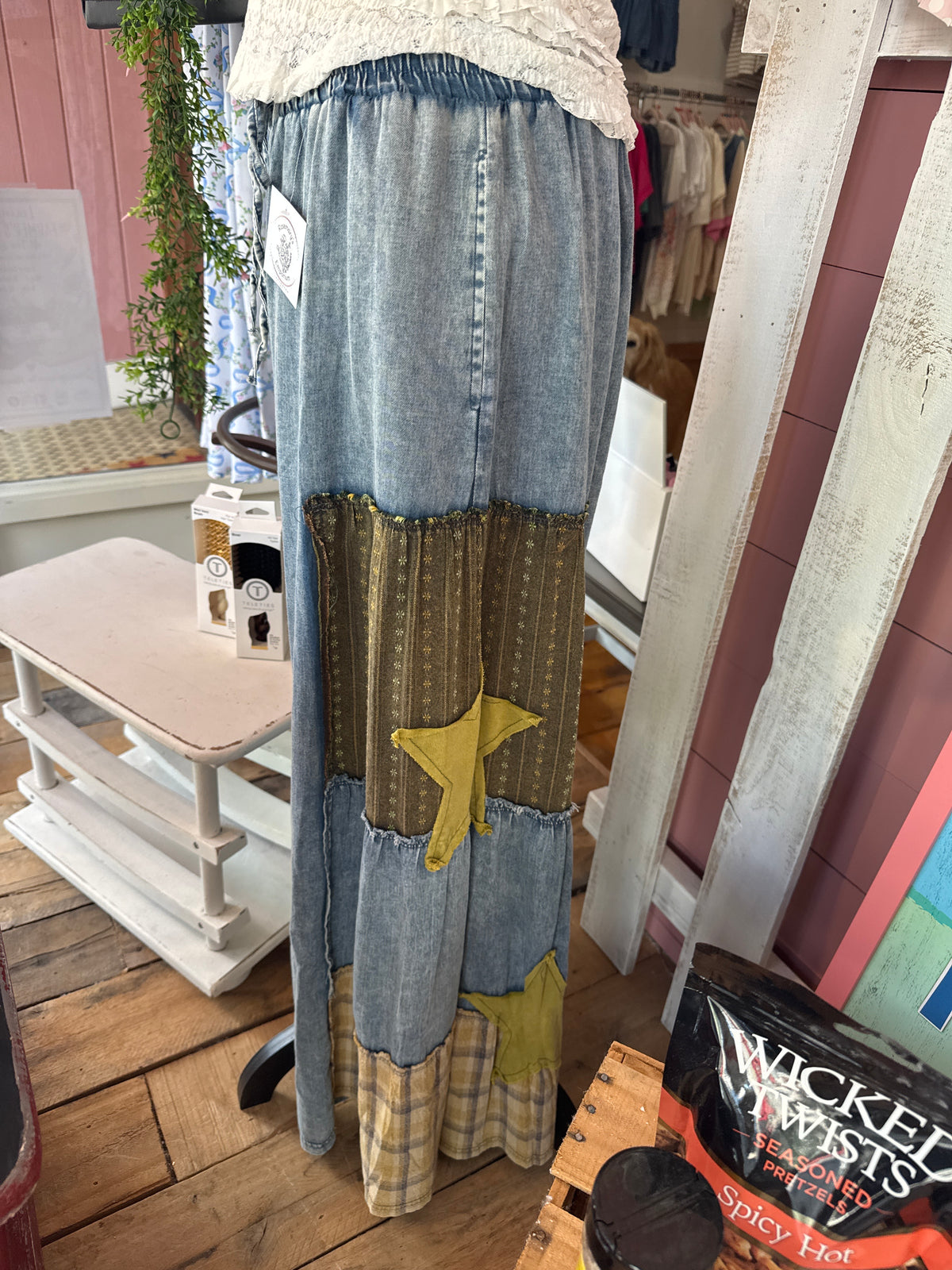 Easel Patchwork Pants-Blue w/Green Star