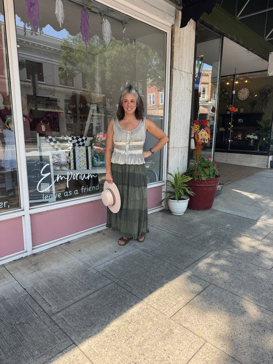 Tiered Lace Tiered Maxi Skirt-Basil