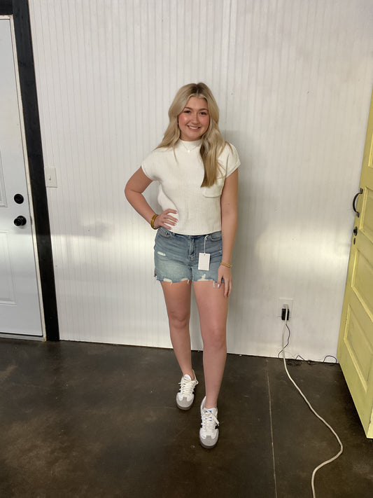 Mid Rise Denim Shorts with Side Slit