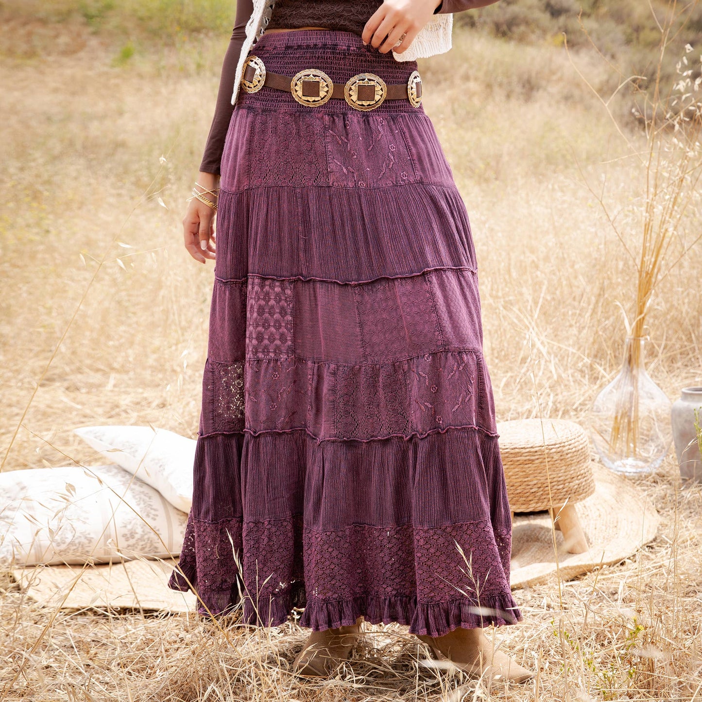 Tiered Lace Tiered Maxi Skirt-Basil
