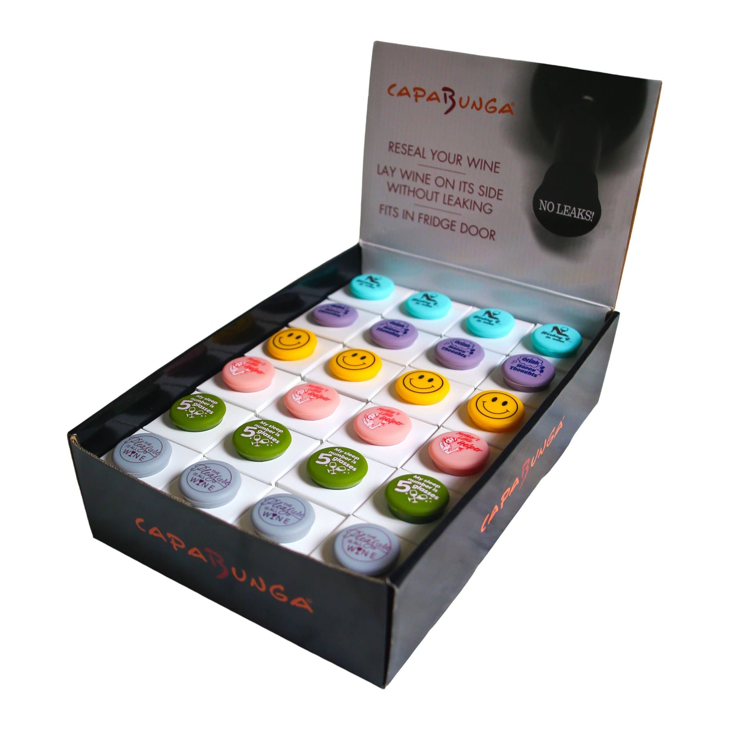 CapaBunga® - Wine Cap Counter Display | Retro Color Wine Stoppers
