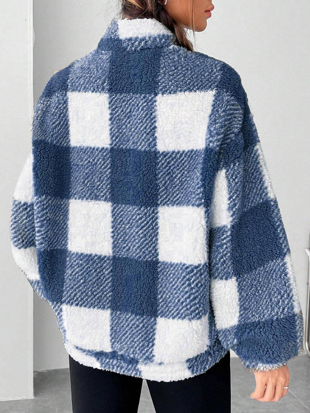HIDDENBRAND - Pocket zip pullover plaid teddy sweatshirt