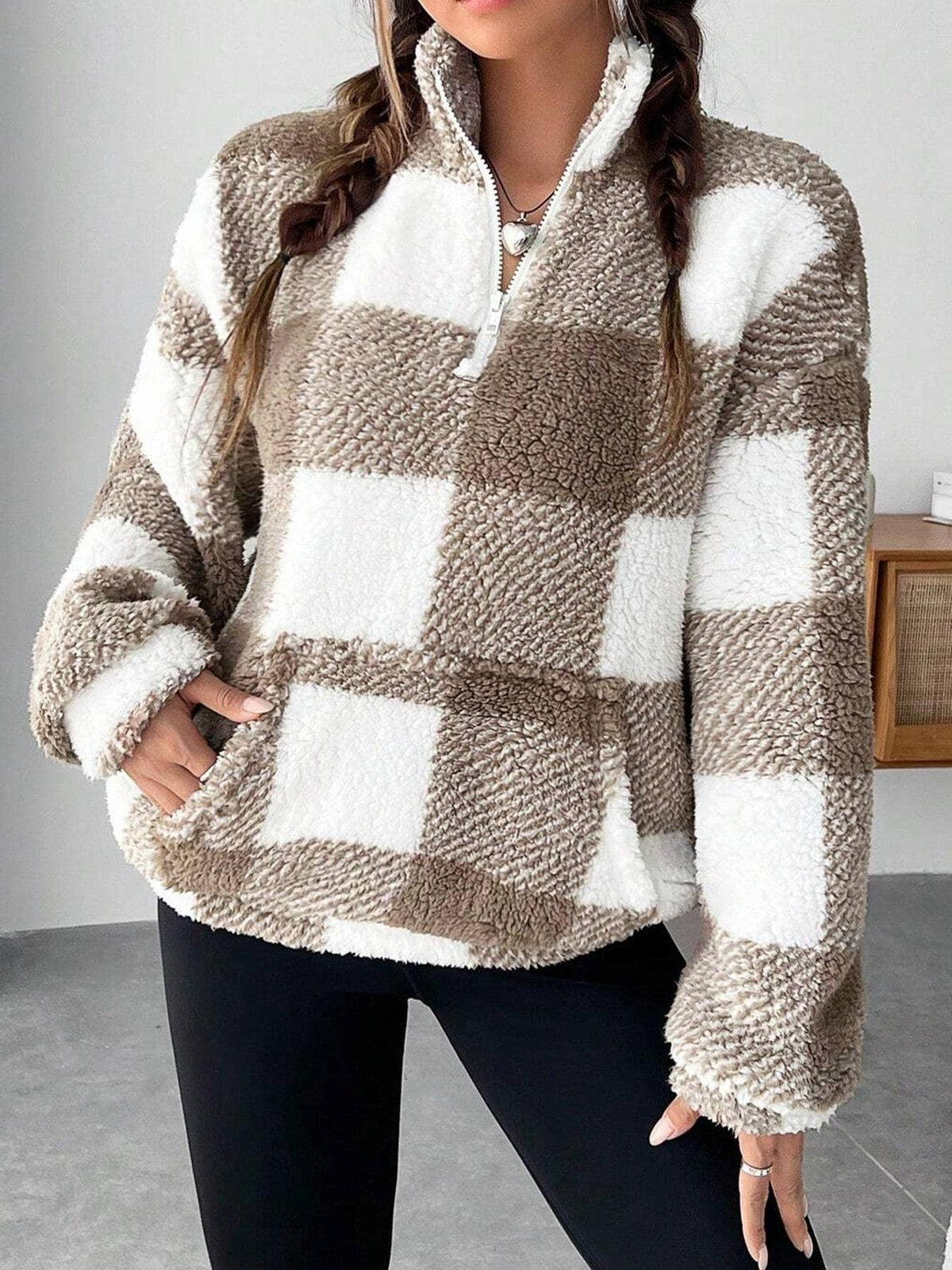HIDDENBRAND - Pocket zip pullover plaid teddy sweatshirt