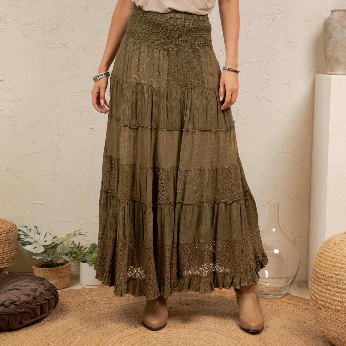 Tiered Lace Tiered Maxi Skirt-Basil