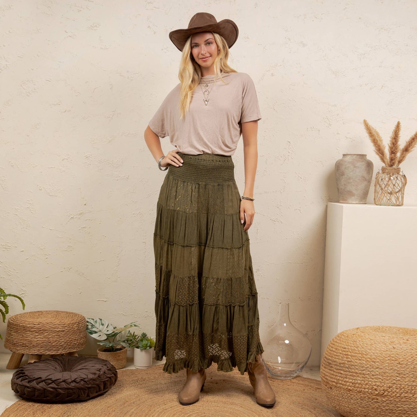 Tiered Lace Tiered Maxi Skirt-Basil