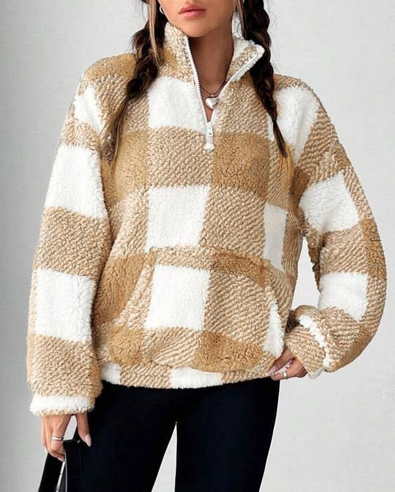 HIDDENBRAND - Pocket zip pullover plaid teddy sweatshirt