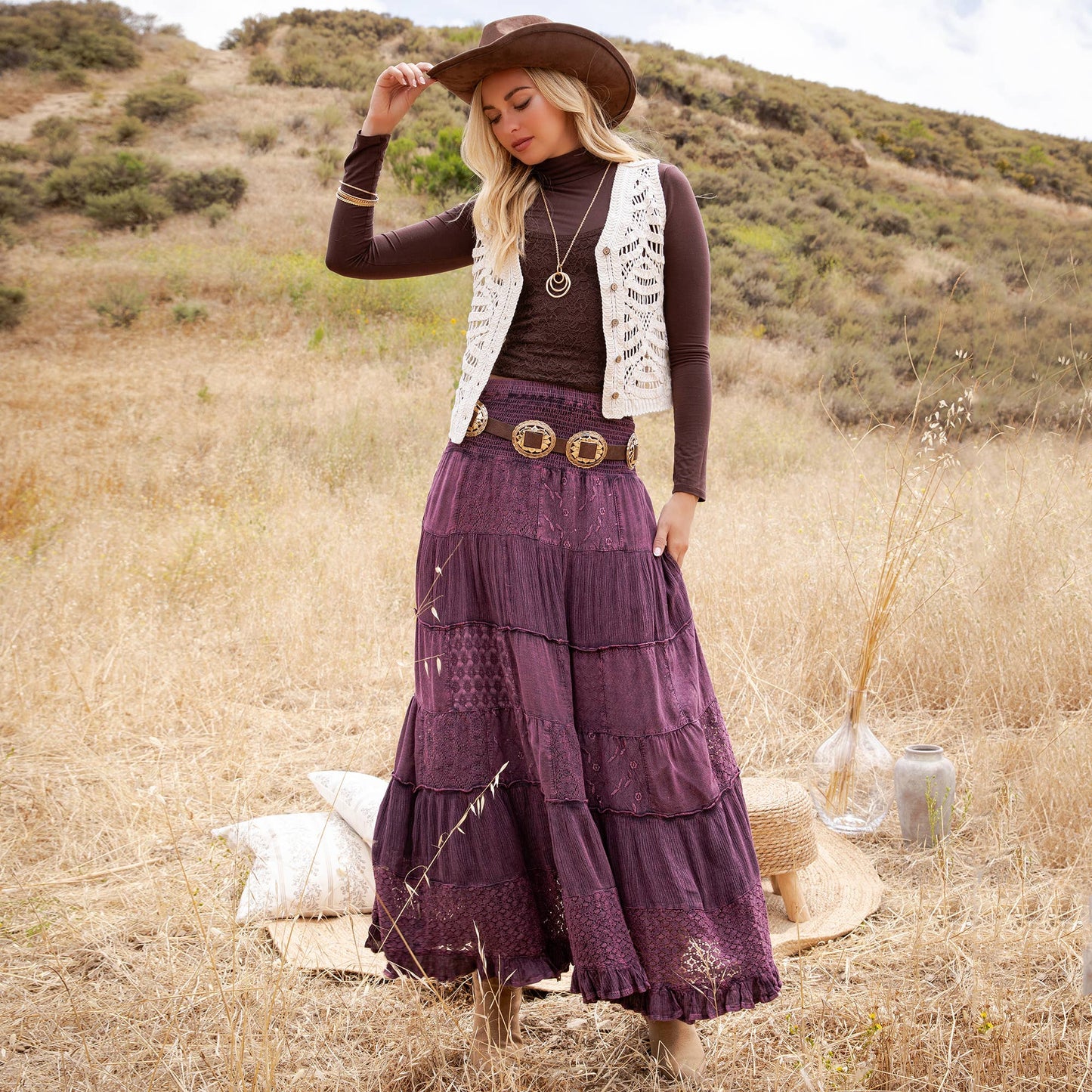 Tiered Lace Tiered Maxi Skirt-Basil