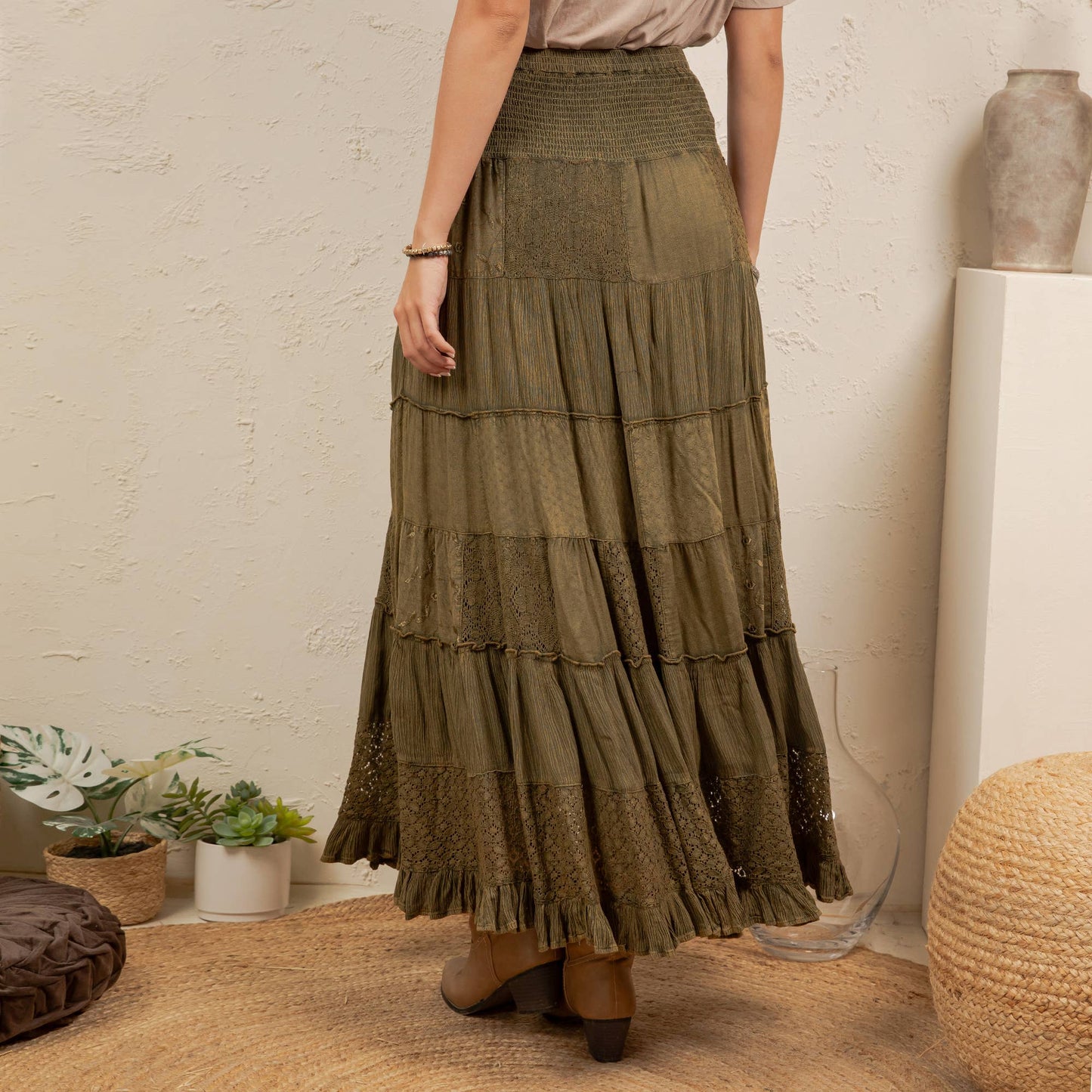 Tiered Lace Tiered Maxi Skirt-Basil