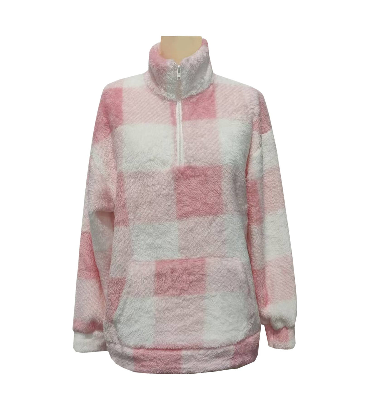HIDDENBRAND - Pocket zip pullover plaid teddy sweatshirt